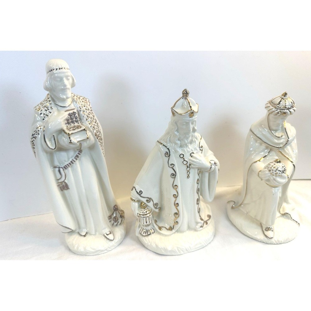 Vtg Ceramic Nativity Three Wise Men Figurines 3 Kings White Glaze Gold Gilt Trim